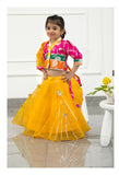 Beautiful Floral Brocade Embroidered Front Open Multicolour Top And Yellow Flared Organza Lehenga With Matching Dupatta