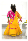 Beautiful Floral Brocade Embroidered Front Open Multicolour Top And Yellow Flared Organza Lehenga With Matching Dupatta