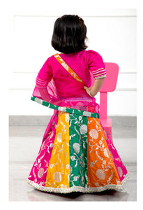 Glorious Rani Pink Gota Lace Work top And Multicolour Brocade Lehenga With Matching Dupatta