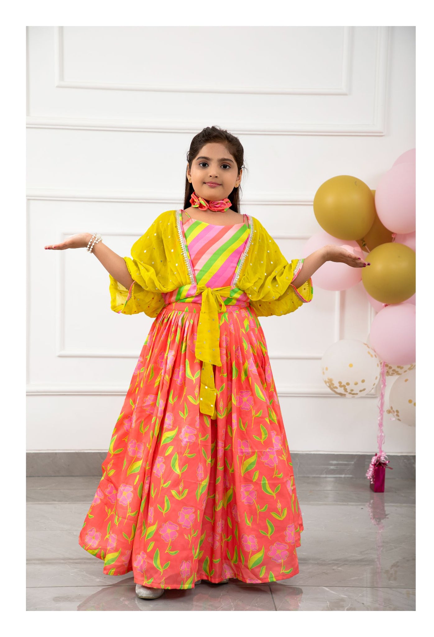 Diagonal Striped Colourful Top With Pleated Tie Up Stylish Jacket And Salmon Pink Floral Lehenga