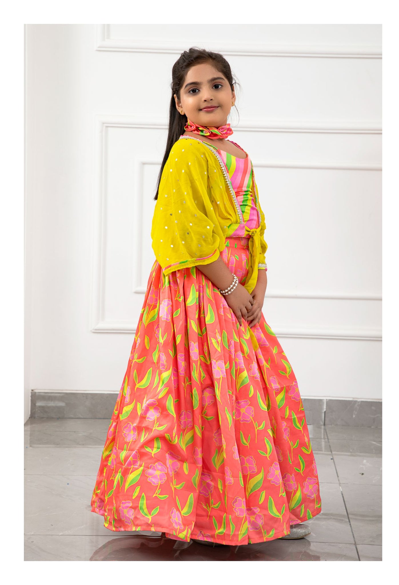 Diagonal Striped Colourful Top With Pleated Tie Up Stylish Jacket And Salmon Pink Floral Lehenga