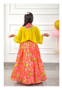 Diagonal Striped Colourful Top With Pleated Tie Up Stylish Jacket And Salmon Pink Floral Lehenga