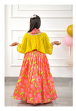 Diagonal Striped Colourful Top With Pleated Tie Up Stylish Jacket And Salmon Pink Floral Lehenga