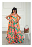 Colourful Striped V Neck Top And Floral Orange Lehenga With Matching Dupatta