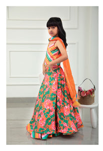 Colourful Striped V Neck Top And Floral Orange Lehenga With Matching Dupatta