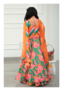 Colourful Striped V Neck Top And Floral Orange Lehenga With Matching Dupatta