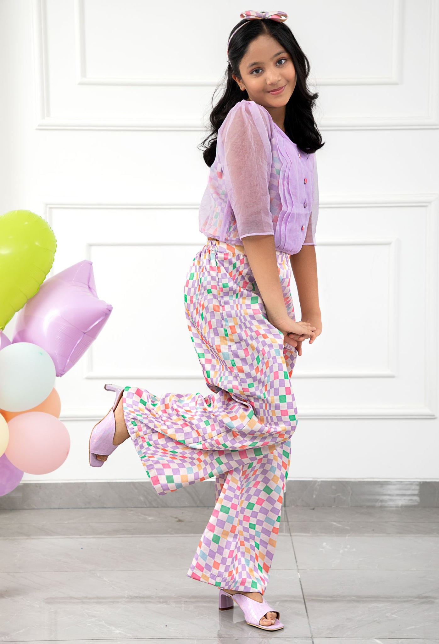 Stylish Scalaped Organza top with multicolour pants