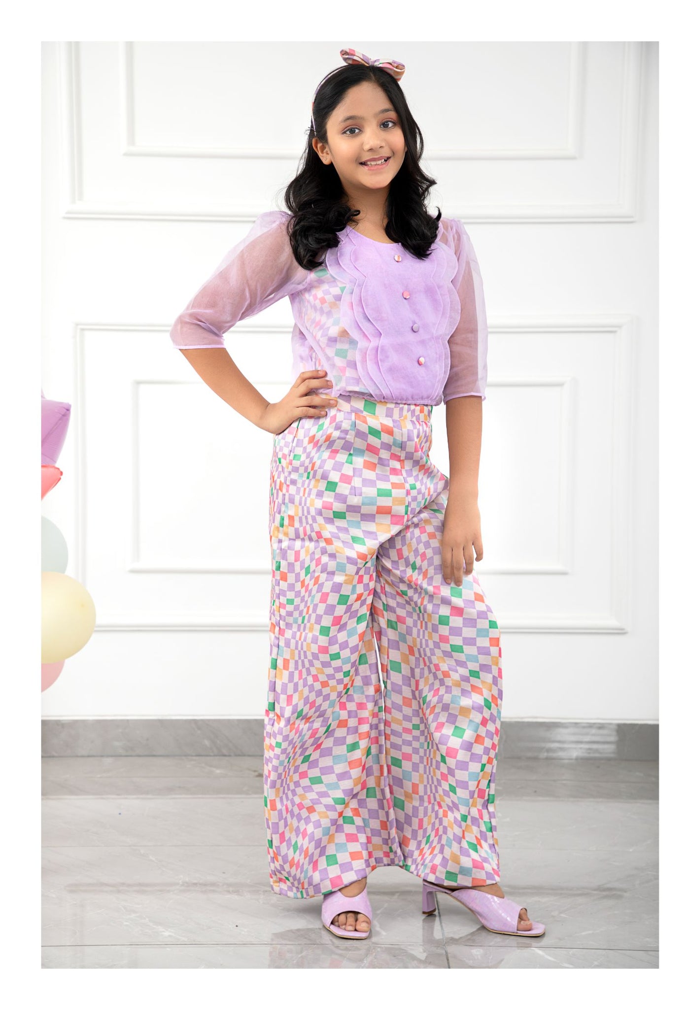 Stylish Scalaped Organza top with multicolour pants