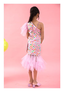 Check Printed one off shoulder dress with net frills at bottom