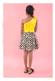 One Off shoulder flarry flowered crop top with box pleat skirts