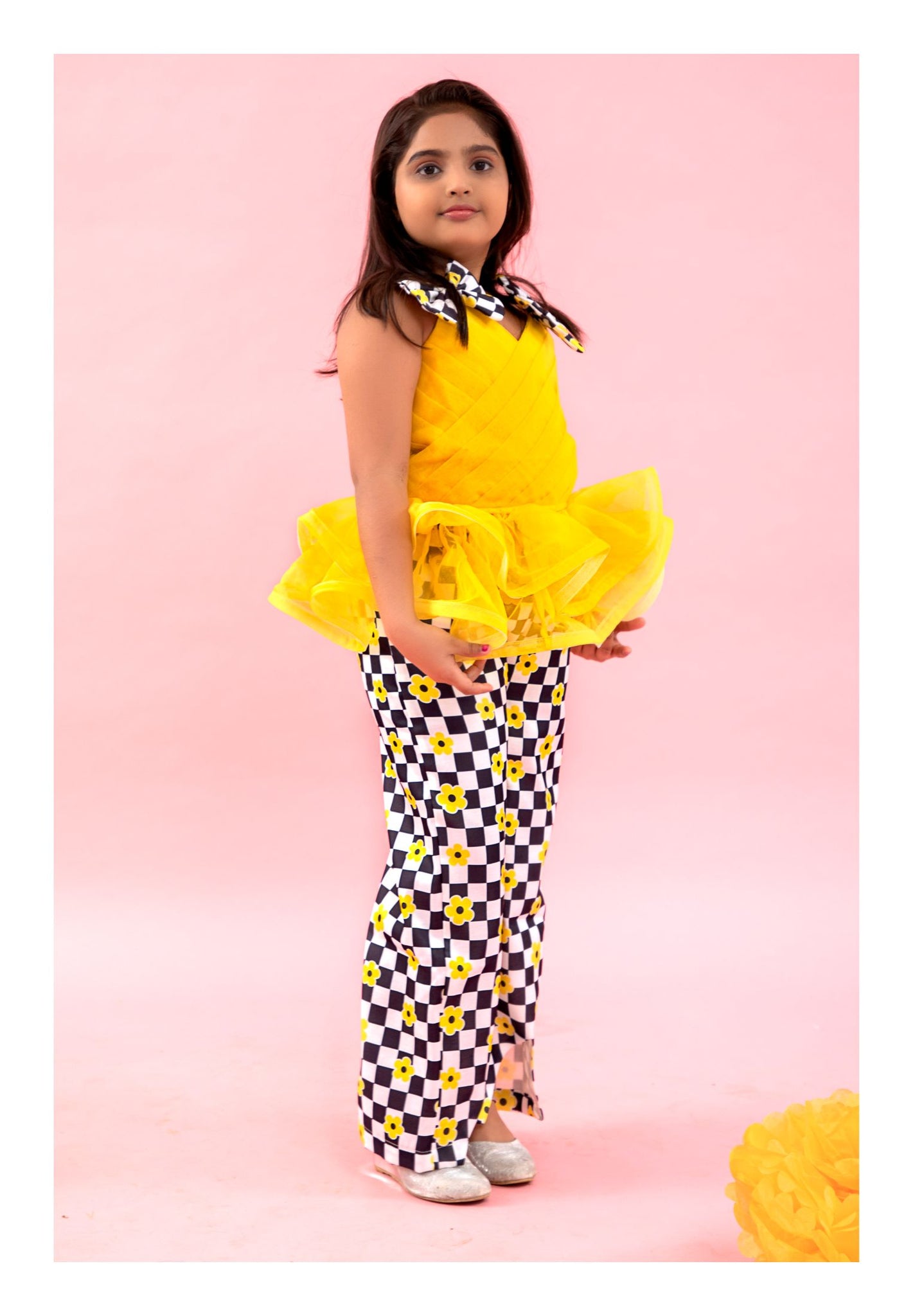 Yellow pleated organza peplum top with Pants