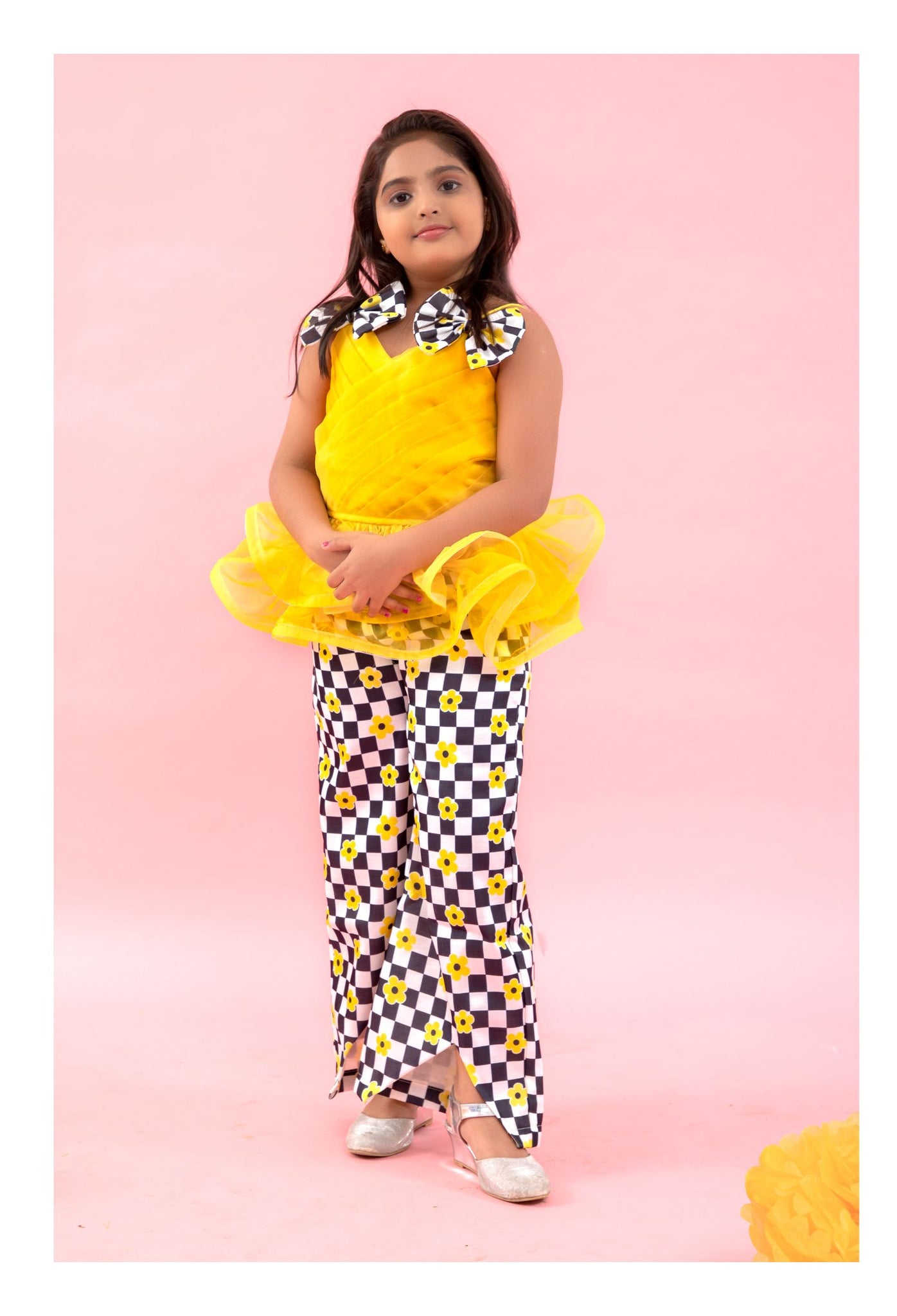 Yellow pleated organza peplum top with Pants