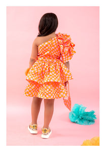 One off shoulder orange check frock with heart shaped bag