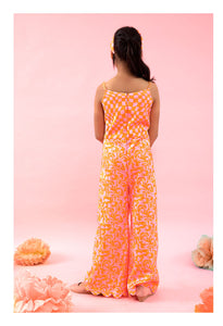 Sleeveless Orange check print Jumpsuit with stylish flowers on top