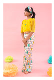 Stylish Scalaped Yellow Organza top with multicolour pants