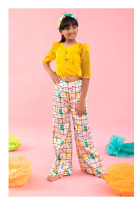 Stylish Scalaped Yellow Organza top with multicolour pants