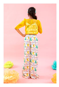 Stylish Scalaped Yellow Organza top with multicolour pants