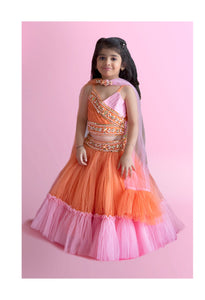 Orange And Baby Pink Dual Tone Pleated Top And Ruffle Lehenga With Knot Detail Dupatta