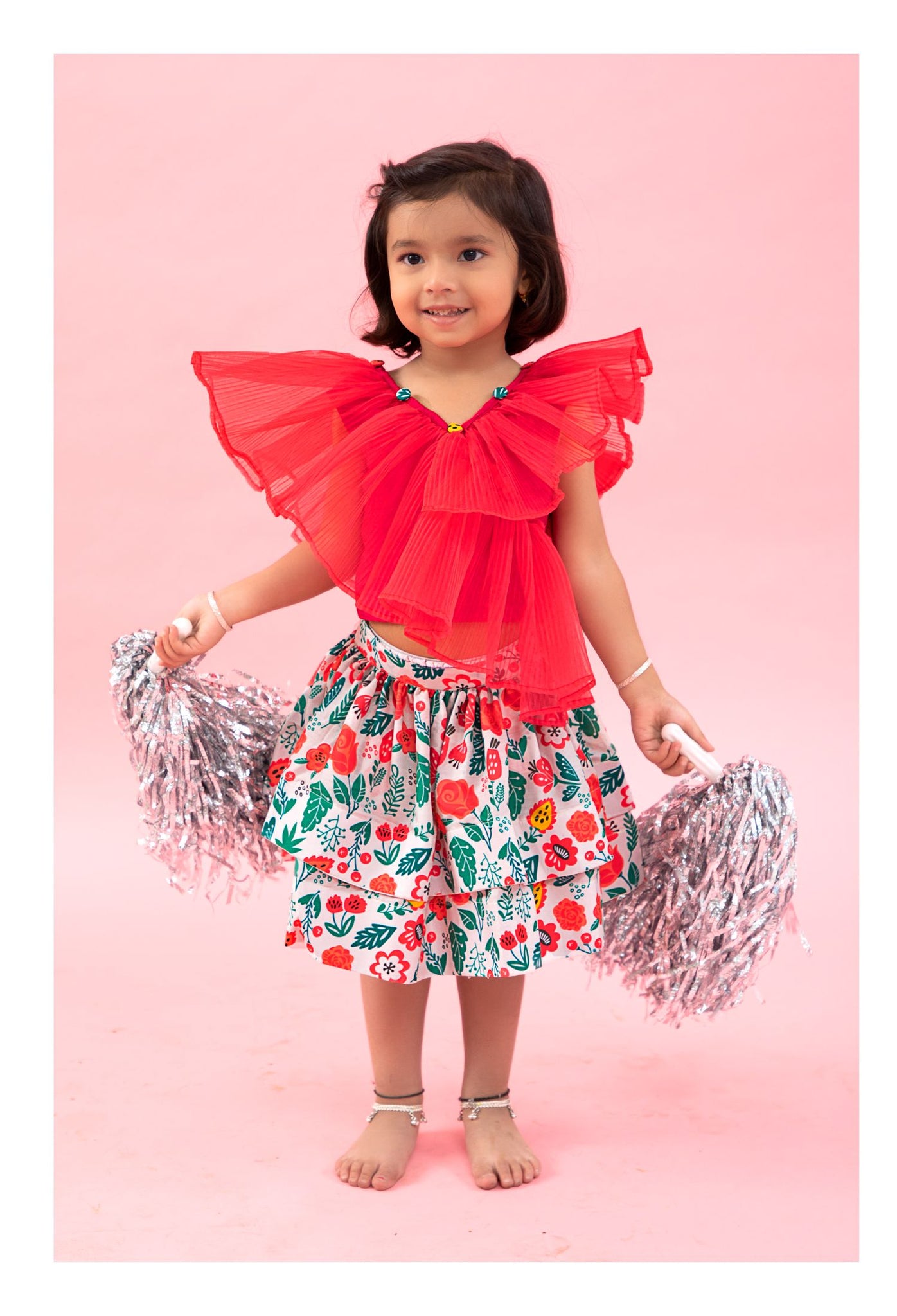 Red Layered Organza top with Flower print Skirt