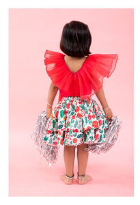 Red Layered Organza top with Flower print Skirt