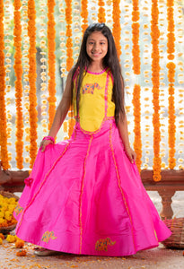 Dual Tone Crop Top And Pink Lehenga With Potli Bag