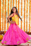 Dual Tone Crop Top And Pink Lehenga With Potli Bag