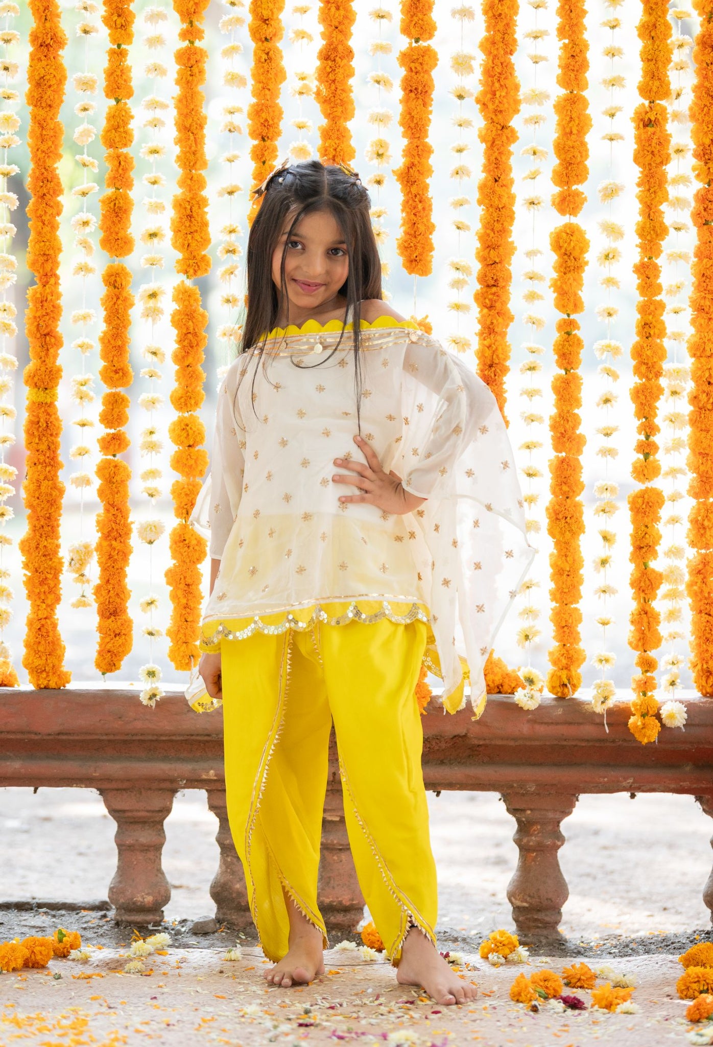 Crop Top With Sequins Embroidered Cape And yellow satin Dhoti