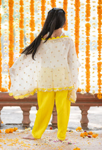 Crop Top With Sequins Embroidered Cape And yellow satin Dhoti