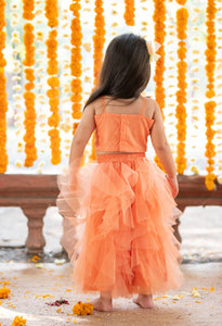 Vibrant Orange tulle style dress with flower embroidery on top