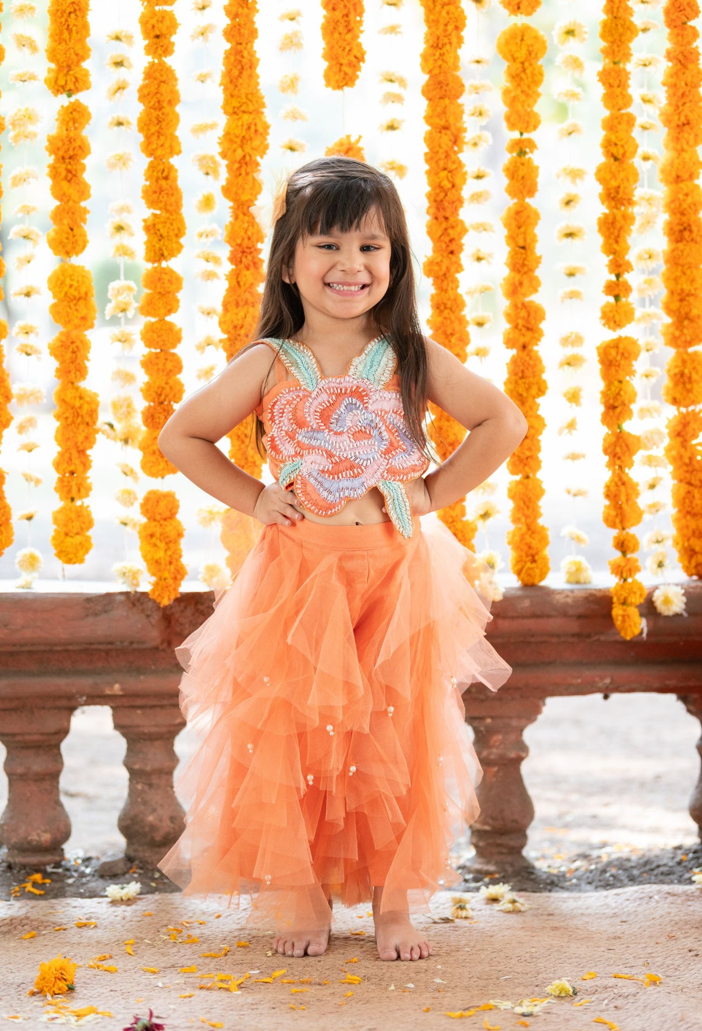 Vibrant Orange tulle style dress with flower embroidery on top