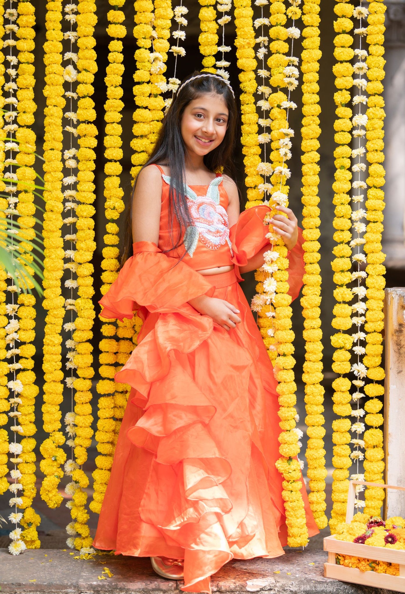 Flower Embroidered crop top with Lahenga and ruffle dupatta