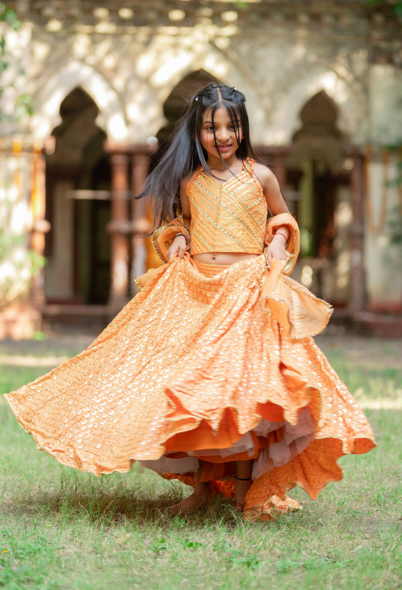 Embroidered crop top with orange Lahenga