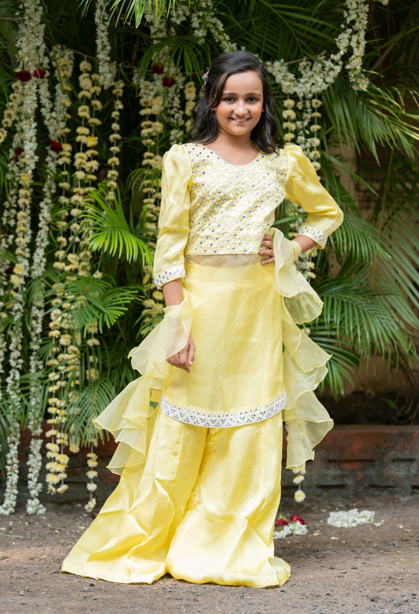 Pearl and Mirror work Kurta with Palazzo and Ruffle Dupatta