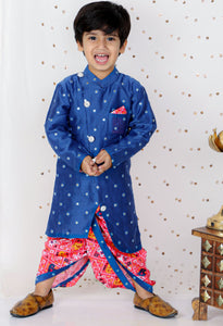 Faux Mirror Work Asymmetric Blue Kurta And Patola Printed Dhoti