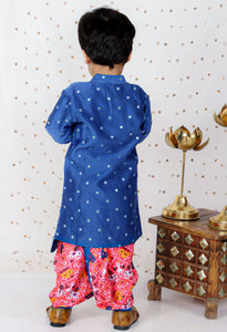 Faux Mirror Work Asymmetric Blue Kurta And Patola Printed Dhoti