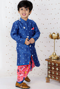 Faux Mirror Work Asymmetric Blue Kurta And Patola Printed Dhoti