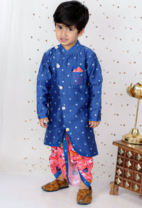 Faux Mirror Work Asymmetric Blue Kurta And Patola Printed Dhoti