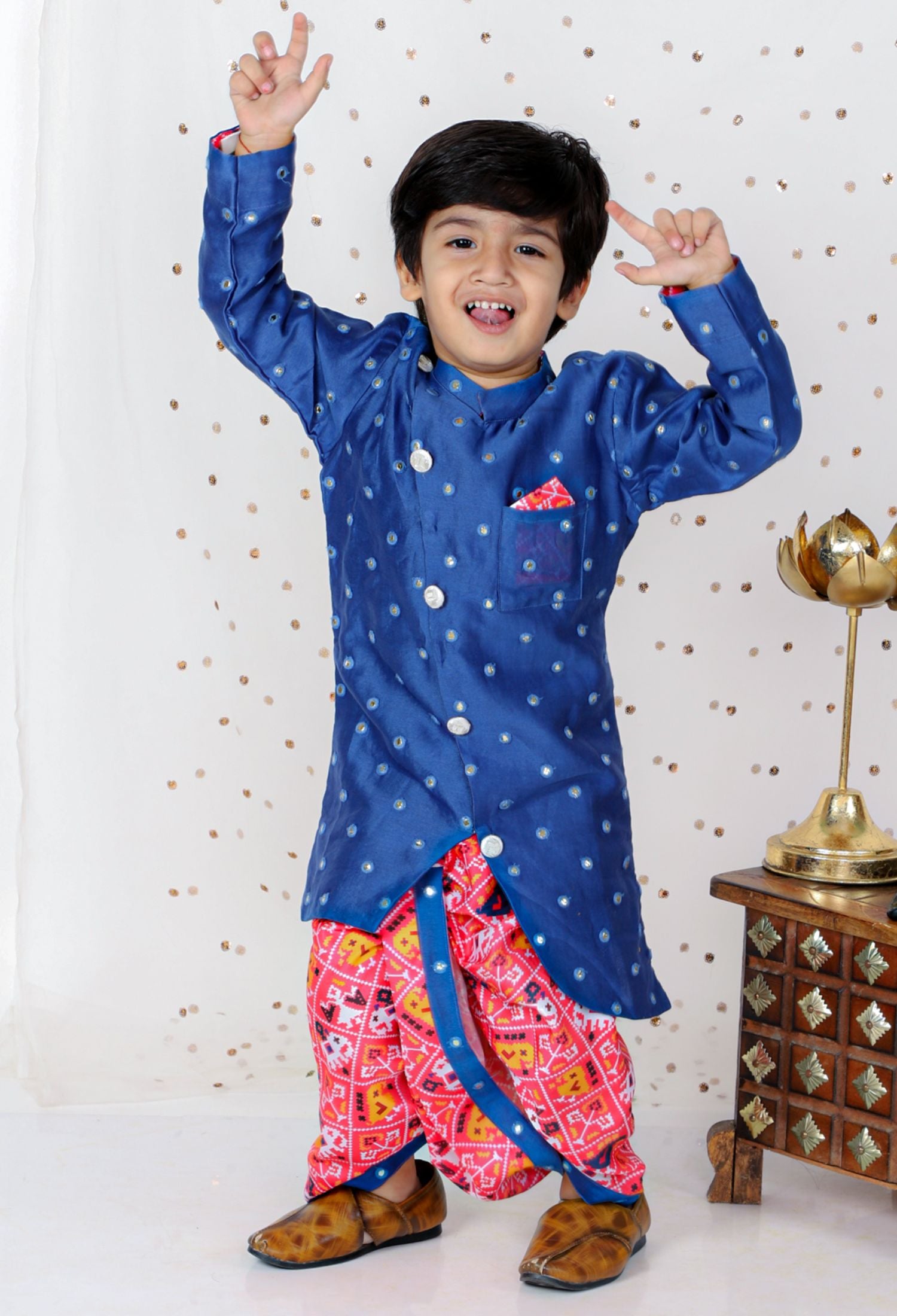 Faux Mirror Work Asymmetric Blue Kurta And Patola Printed Dhoti