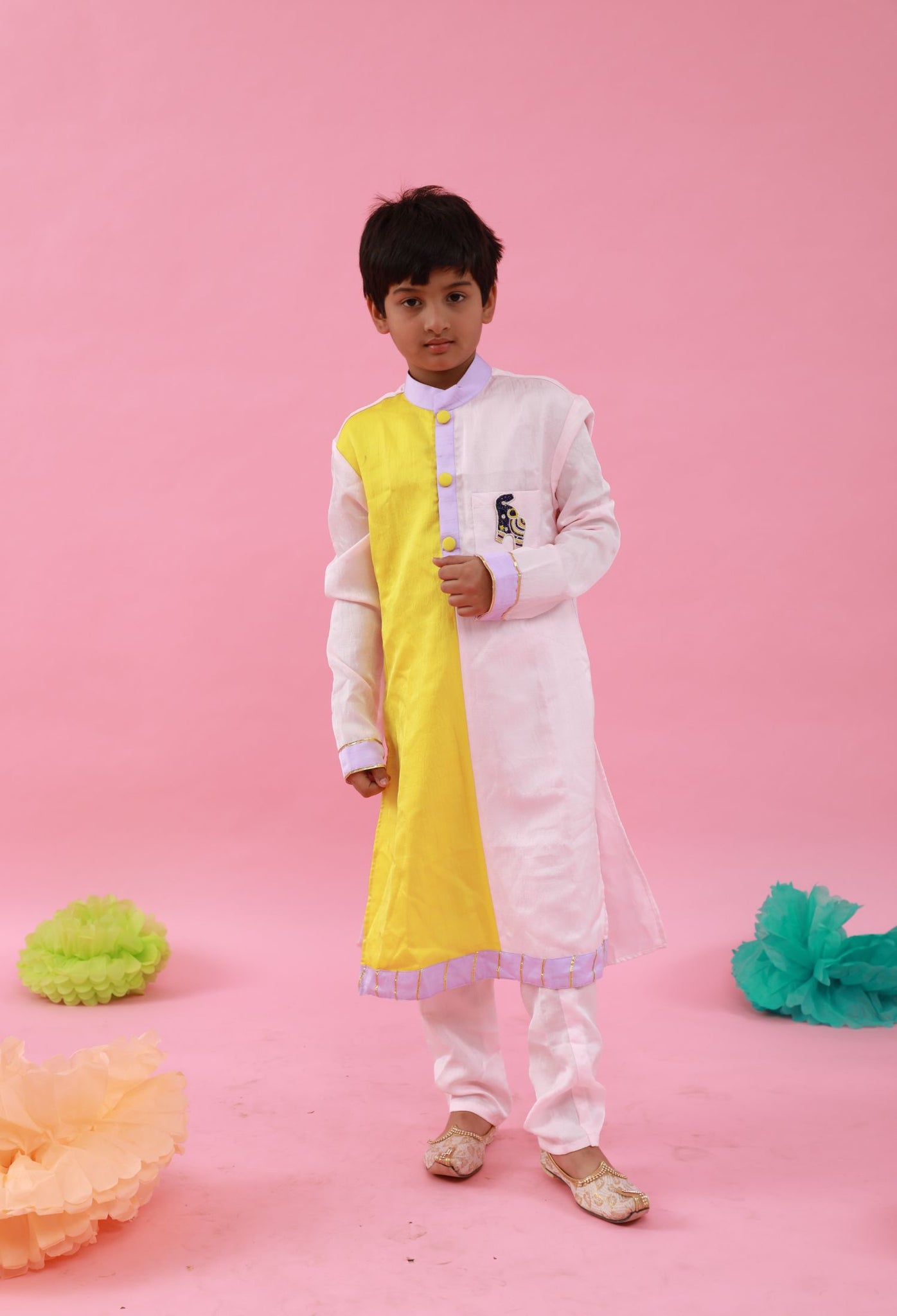 Yellow And Light Pink Two Tone Ethnic Kurta And Pyjama