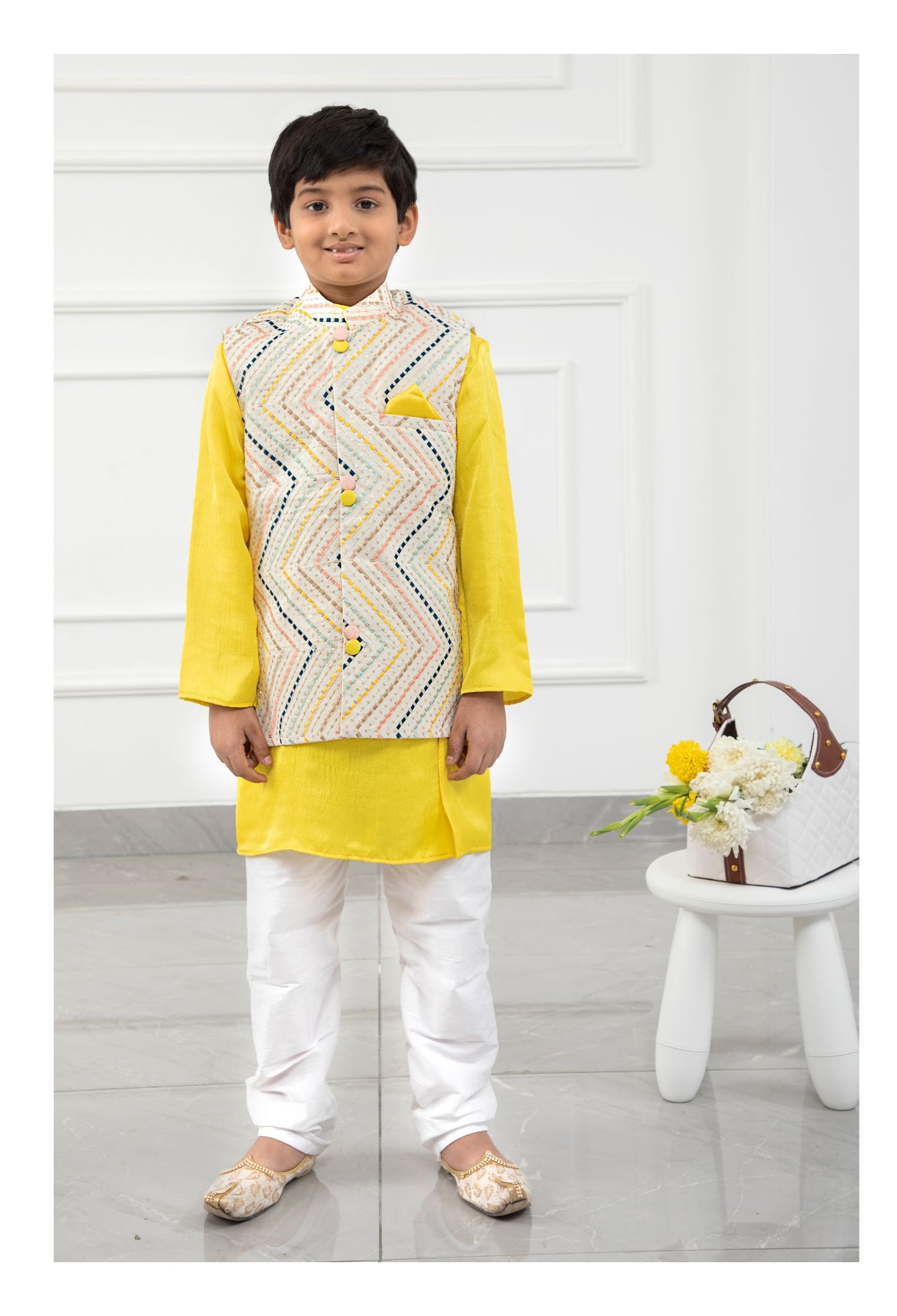 Yellow Kurta With Off White Sequins Embroidered Jacket And Pyjama