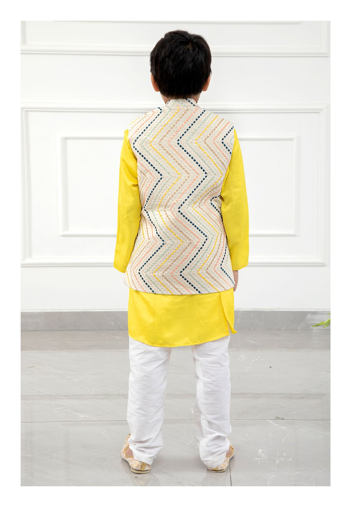 Yellow Kurta With Off White Sequins Embroidered Jacket And Pyjama