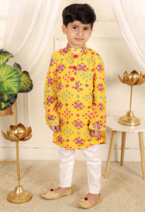 Patola Printed Yellow Kurta And White Pyjama