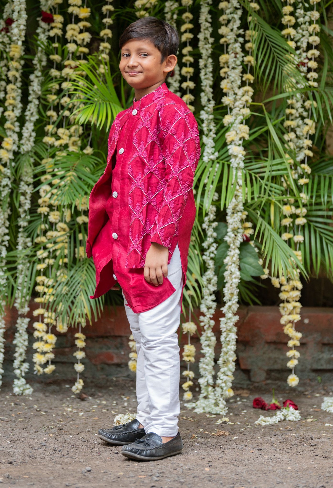 Embroidered Jacket Style Maroon Kurta And Pyjama