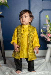 Mandarin Collar Yellow Kurta With Pocket Detail Embroidered Jacket And Pyjama