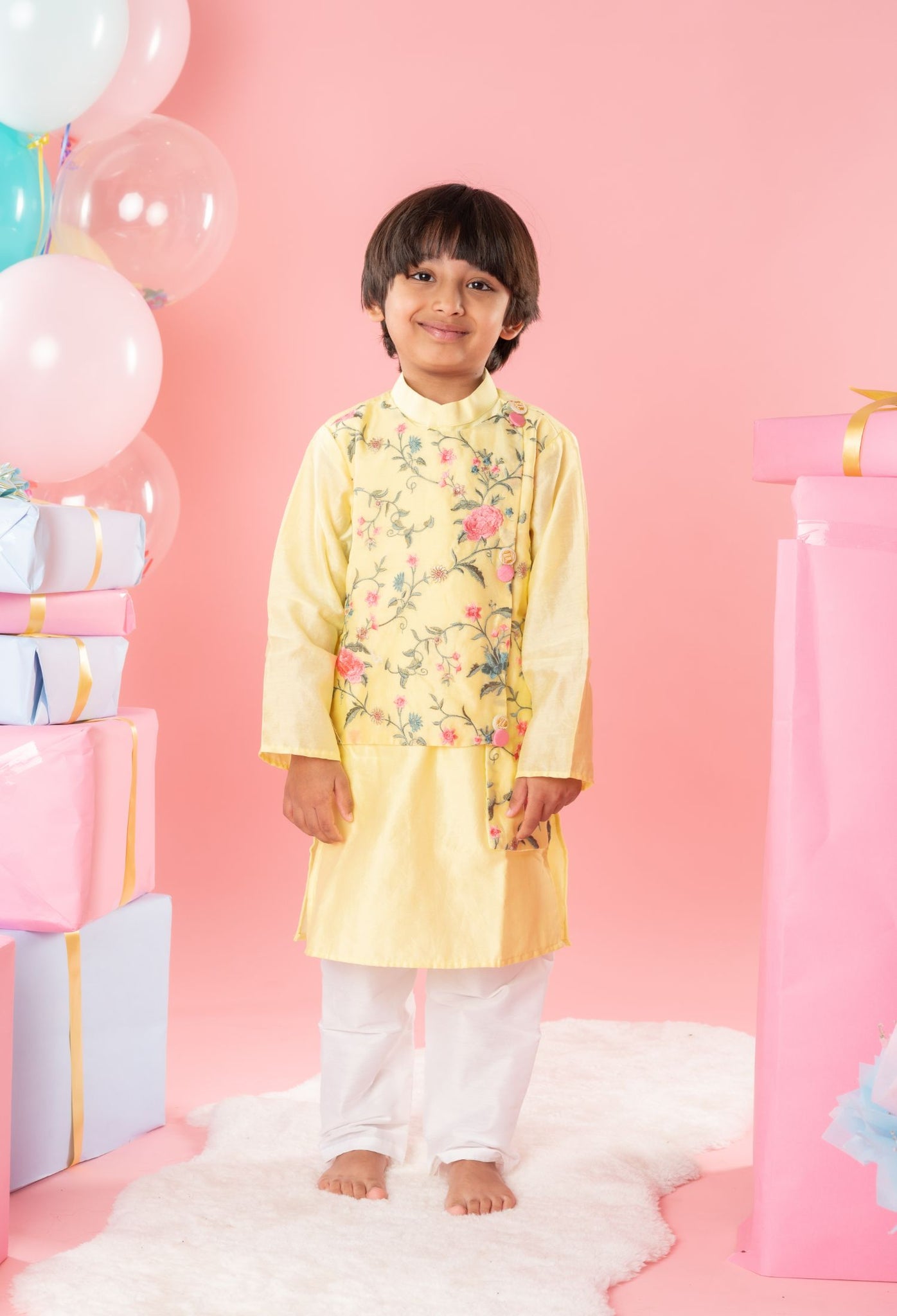 Ethnic Floral Embroidered Yellow Jacket Style Kurta With Pyjama