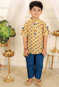 Cotton print kurta with blue pyjama