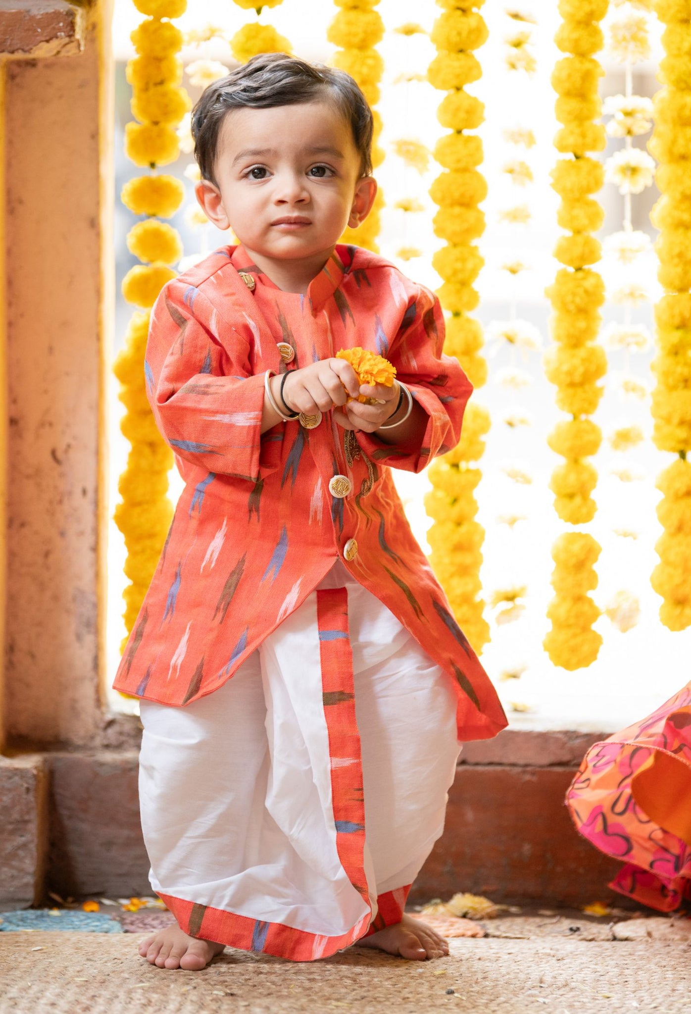 Ikkat front open kurta with dhoti