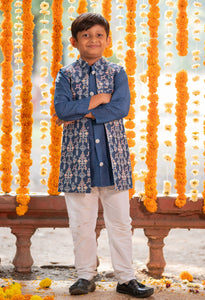 Dark Blue Chanderi Kurta with Jacket and Chudidar