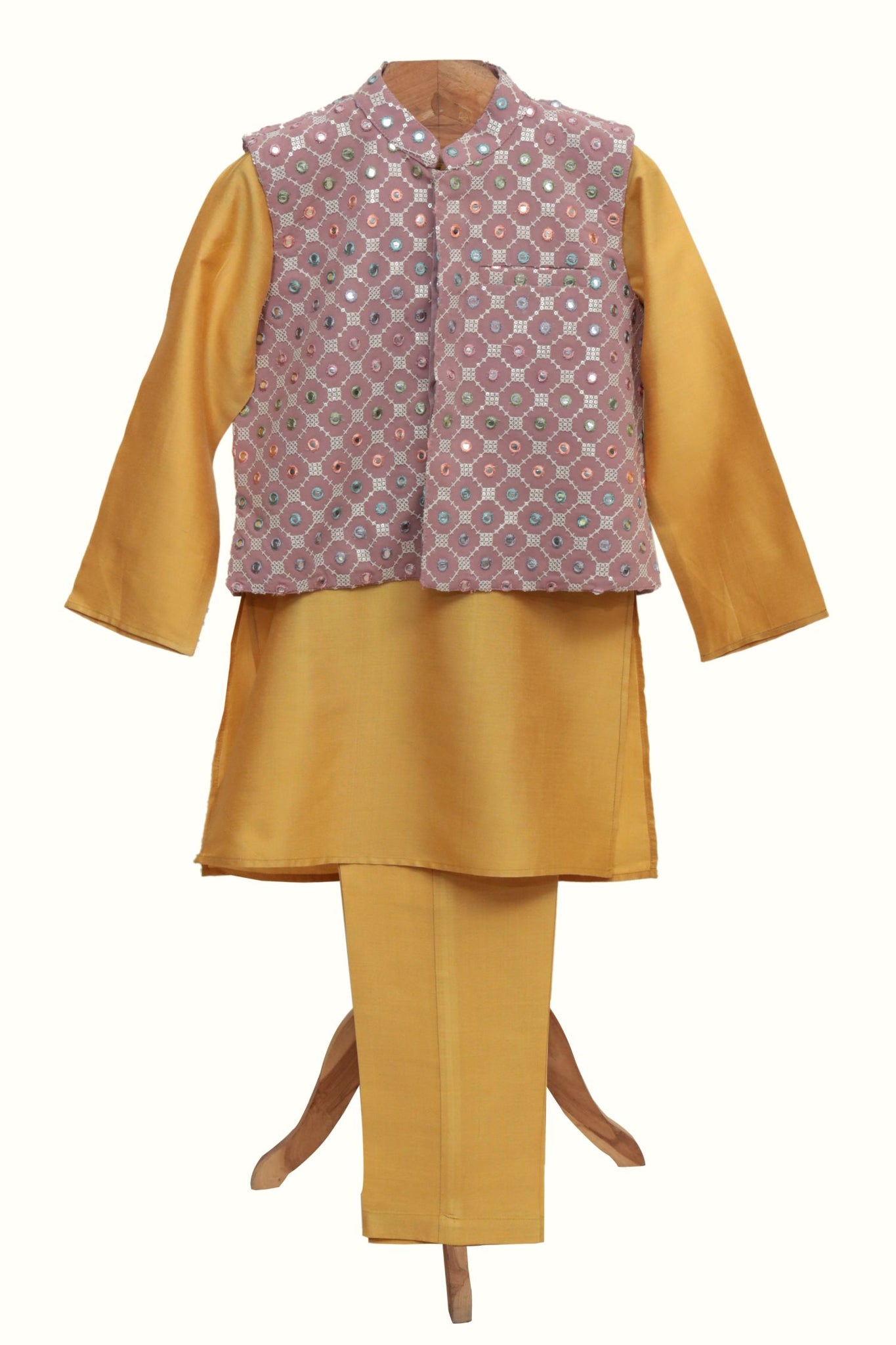 Silk Chanderi Kurta Pyjama And Mirror Work Jacket