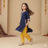 Viscose Lurex Kurta paired with  Glaze Cotton Pyjama. Detailed with Multicolor Mirror Lace